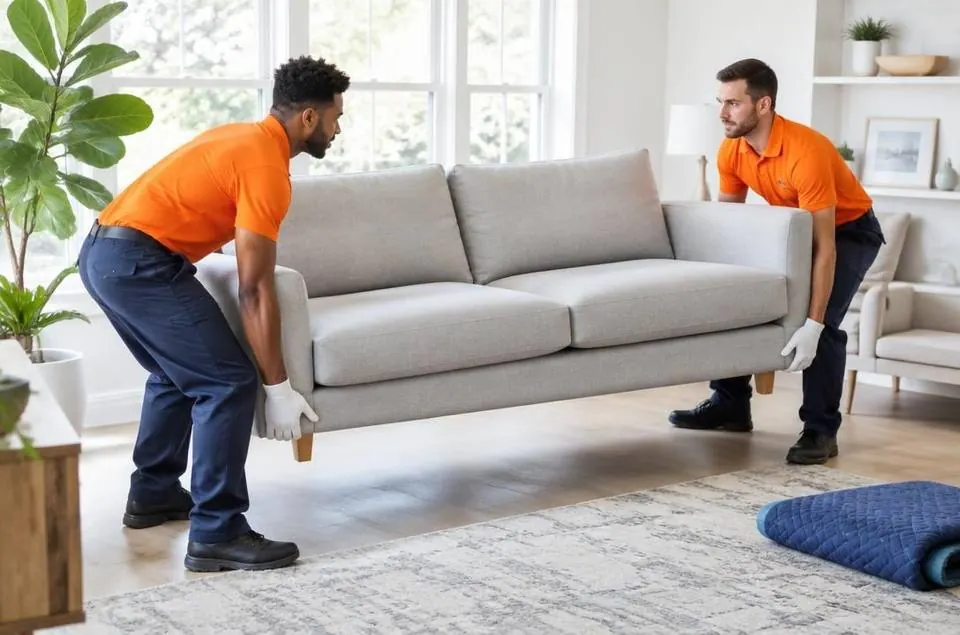 Two delivery crew members carefully placing a sofa in a bright living room