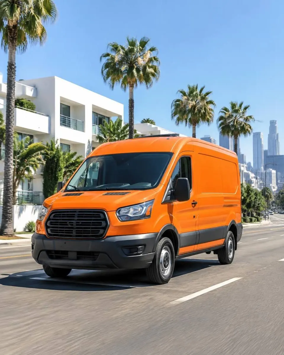 Orange Pronto delivery van on a sunny palm-lined city street